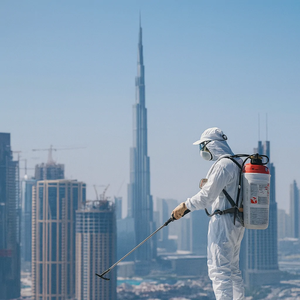 Illustration of a pest-control technician with a UAE city skyline